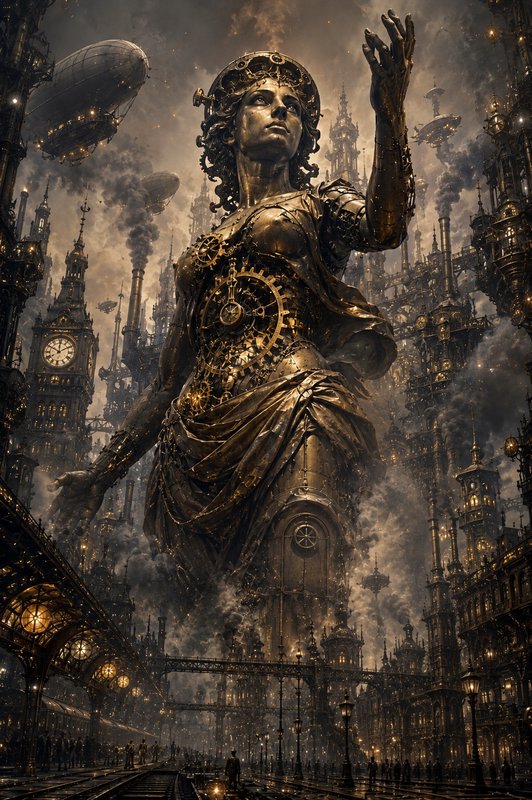 Giant brass steampunk female statue towering over a Victorian industrial city, with airships and ...