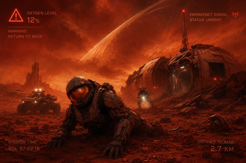 Crawling stranded astronaut on Mars' red dusty surface, with low oxygen UI warnings, a rescuing a...