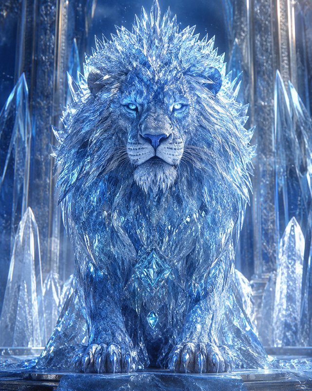 Majestic faceted ice crystal lion with glowing blue eyes sits stoically inside a glittering icy c...