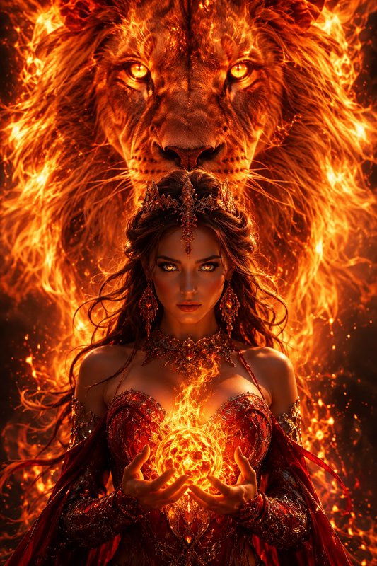 Crowned fire sorceress holds glowing fire orb, with a flaming spirit lion guardian looming behind...
