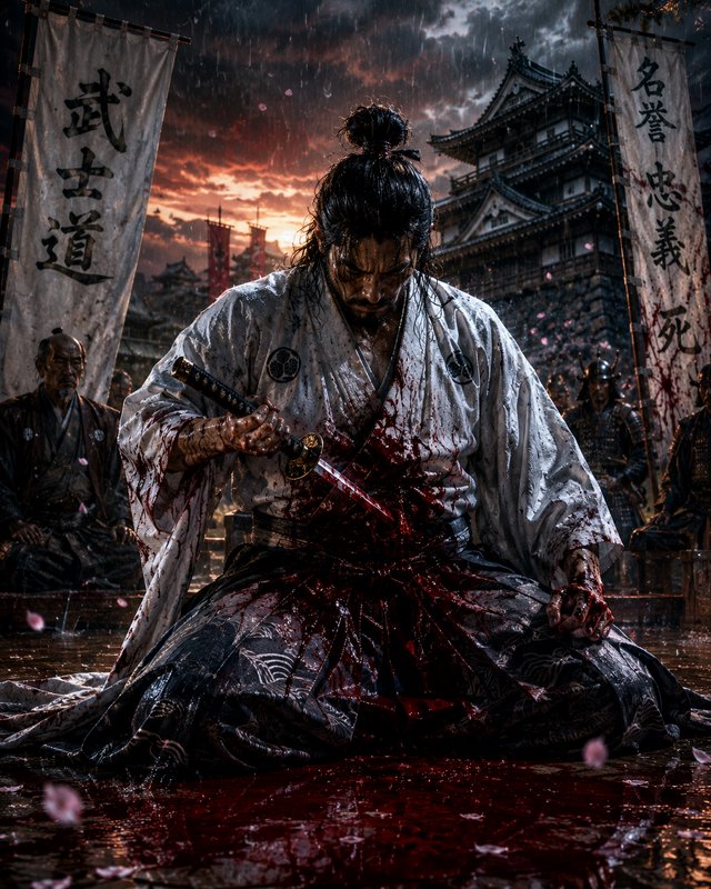 Kneeling bloodied samurai performs ritual seppuku in rain outside a feudal Japanese castle at sto...