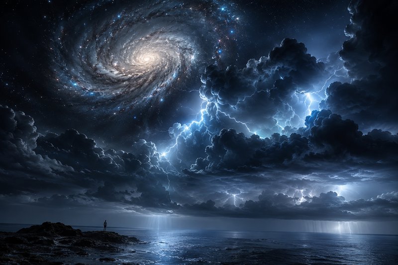 Silhouetted person on rocky shore gazes up at a massive spiral galaxy above roiling lightning sto...