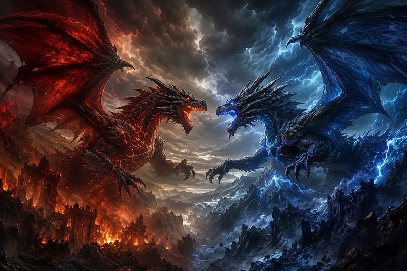 Red fire dragon faces off against blue lightning dragon above ruined castles under a stormy split...