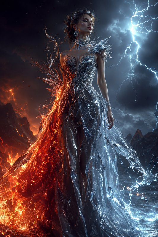 Elemental fantasy goddess wearing a split fire and ice gown, standing beneath storm lightning aga...