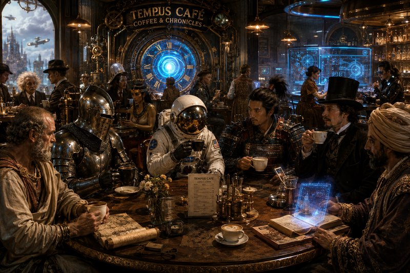 Steampunk Tempus Cafe interior, with time-displaced patrons including an astronaut, knight, and h...