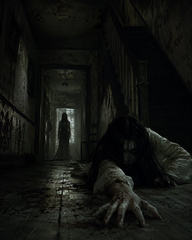 Ghostly long-haired woman crawls toward the viewer in a decaying haunted house hallway, a second ...