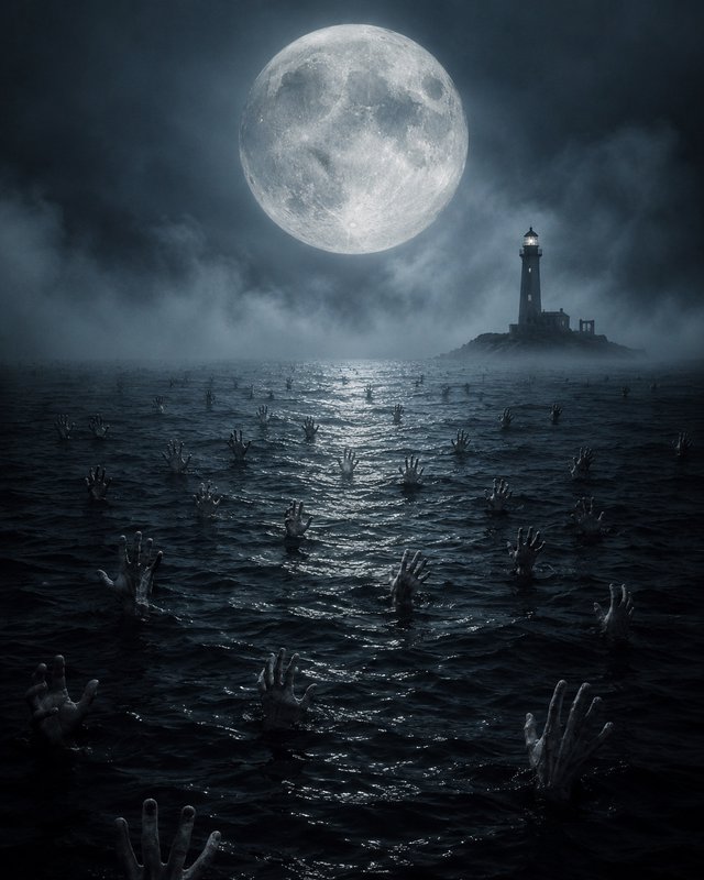 Eerie full moon night, skeletal undead hands rise from dark ocean toward a misty distant lighthouse.