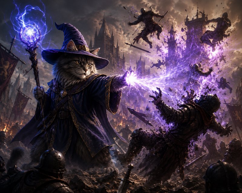 Anthropomorphic tabby cat wizard casts purple arcane magic against armored soldiers on a chaotic ...