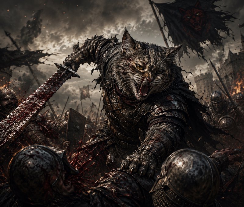 Fierce armored tabby cat warrior swings a bloodied greatsword amid a chaotic medieval battlefield...