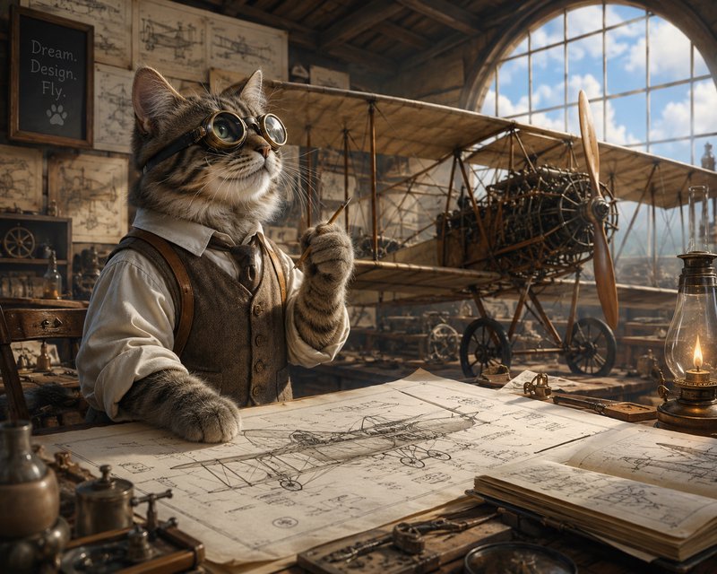 Anthropomorphic tabby cat in steampunk aviator goggles works on aircraft blueprints beside a vint...
