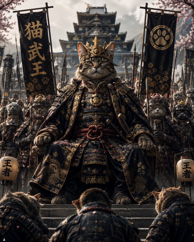 Regal tabby cat samurai king in ornate gold crown and armor sits on a throne, surrounded by felin...