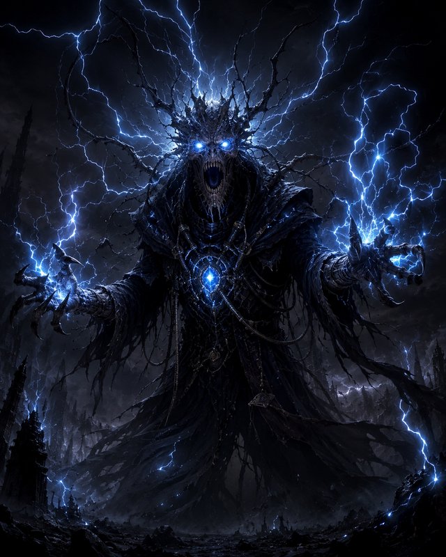 Menacing undead lich sorcerer summons crackling blue lightning, with glowing eyes and thorny crow...