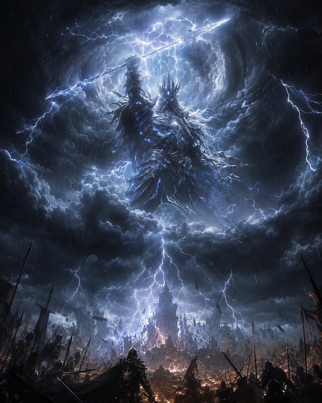 Colossal crowned lich king wields lightning spear, looming over a burning battlefield under a rag...