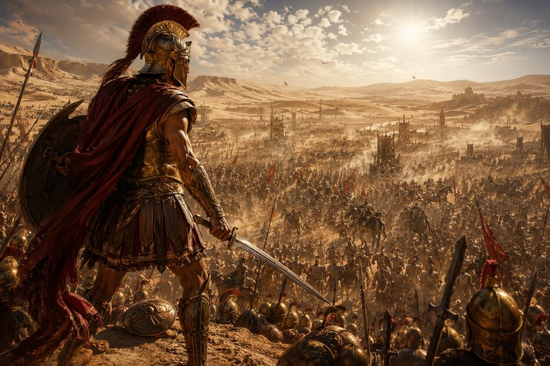 Roman general in plumed gilded armor stands on a desert ridge overlooking a massive ancient battl...