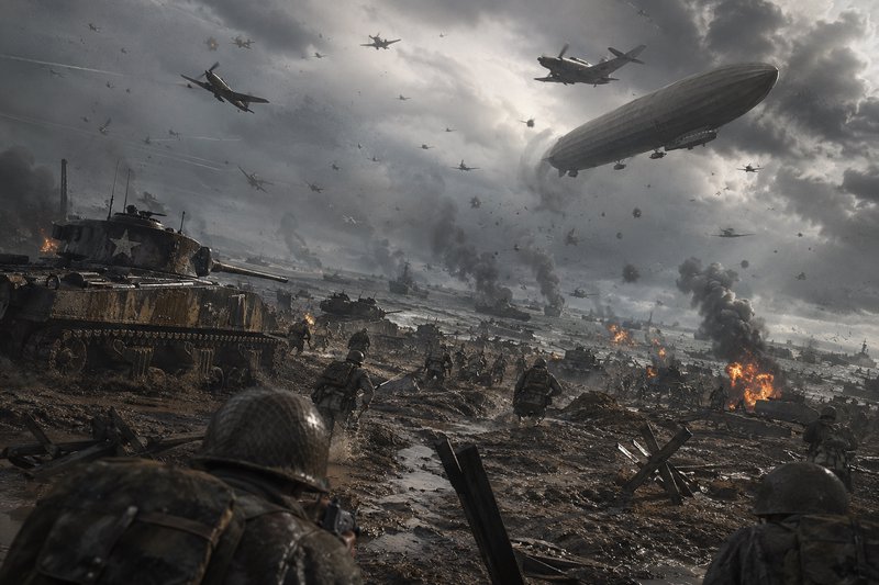 Chaotic alternate WWII battlefield with charging soldiers, tanks, fighter planes, a military zepp...