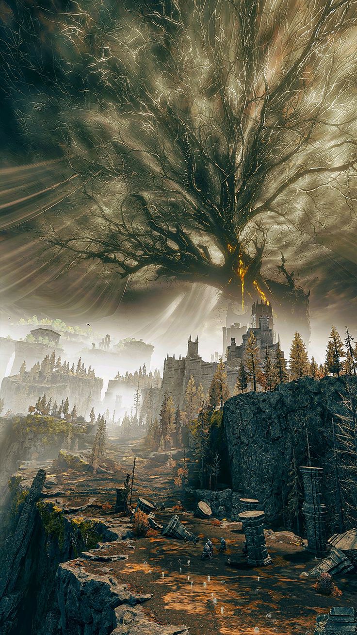 Gigantic bare tree with a fiery trunk towering over ancient ruined castle and jagged cliffs in a desolate landscape