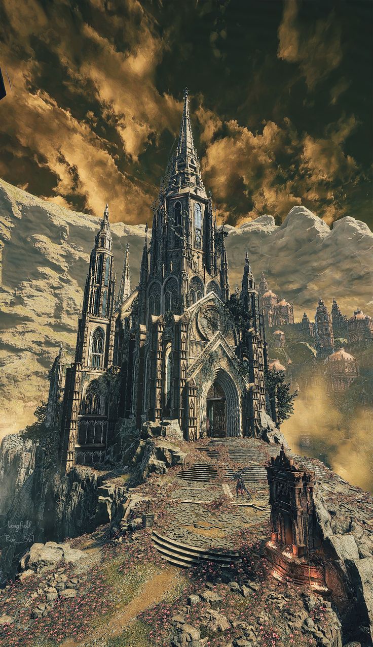 Gothic cathedral perched on a jagged mountainside with towering spires under a dramatic golden sky.