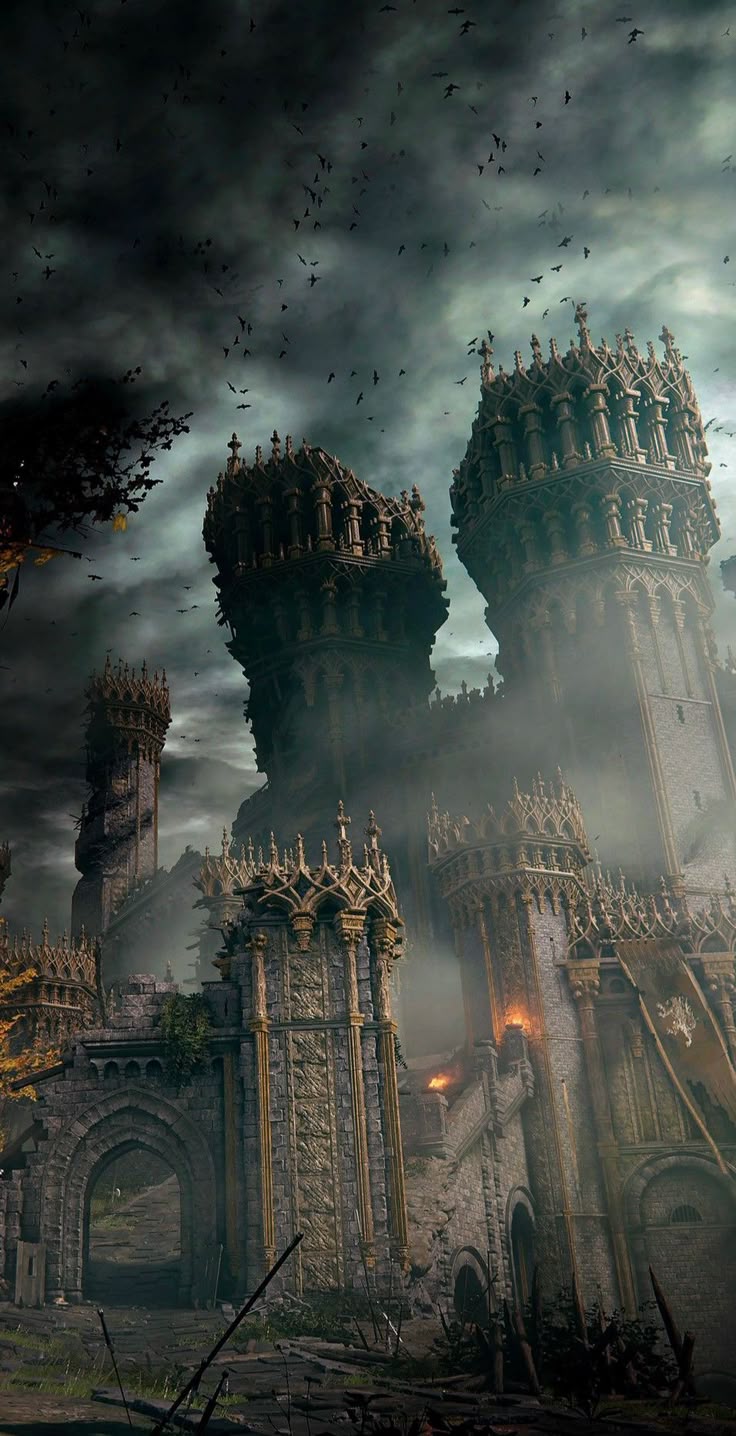 Gothic ruin castle with tall ornate towers, stormy sky, and misty foreground