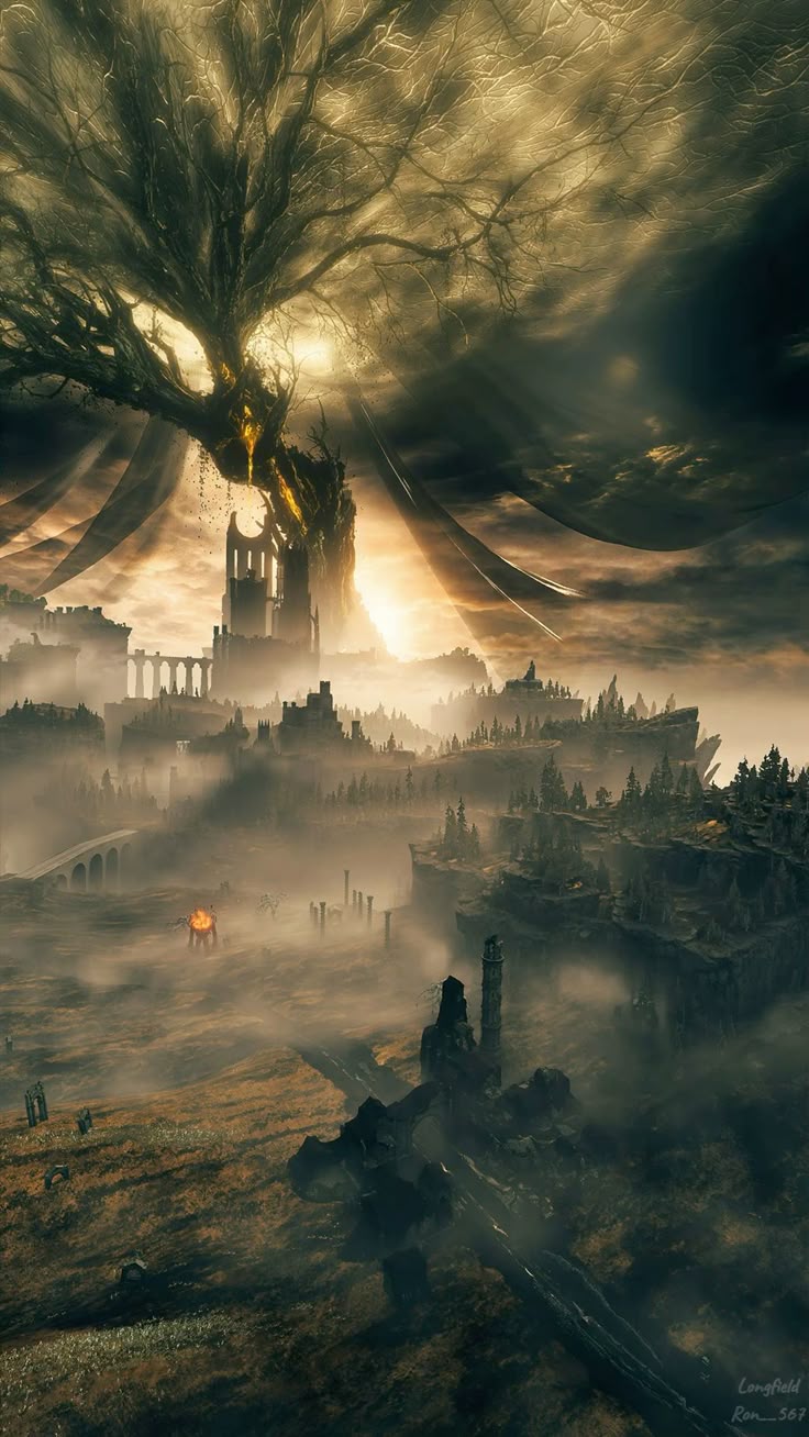 Surreal fantasy landscape with a colossal tree, ruined city ruins, and golden sunlight breaking through mist.