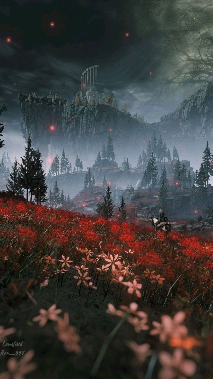 Fantasy landscape with red wildflowers in foreground, misty forest, towering cliffs, and a distant glowing arch in a dark ...