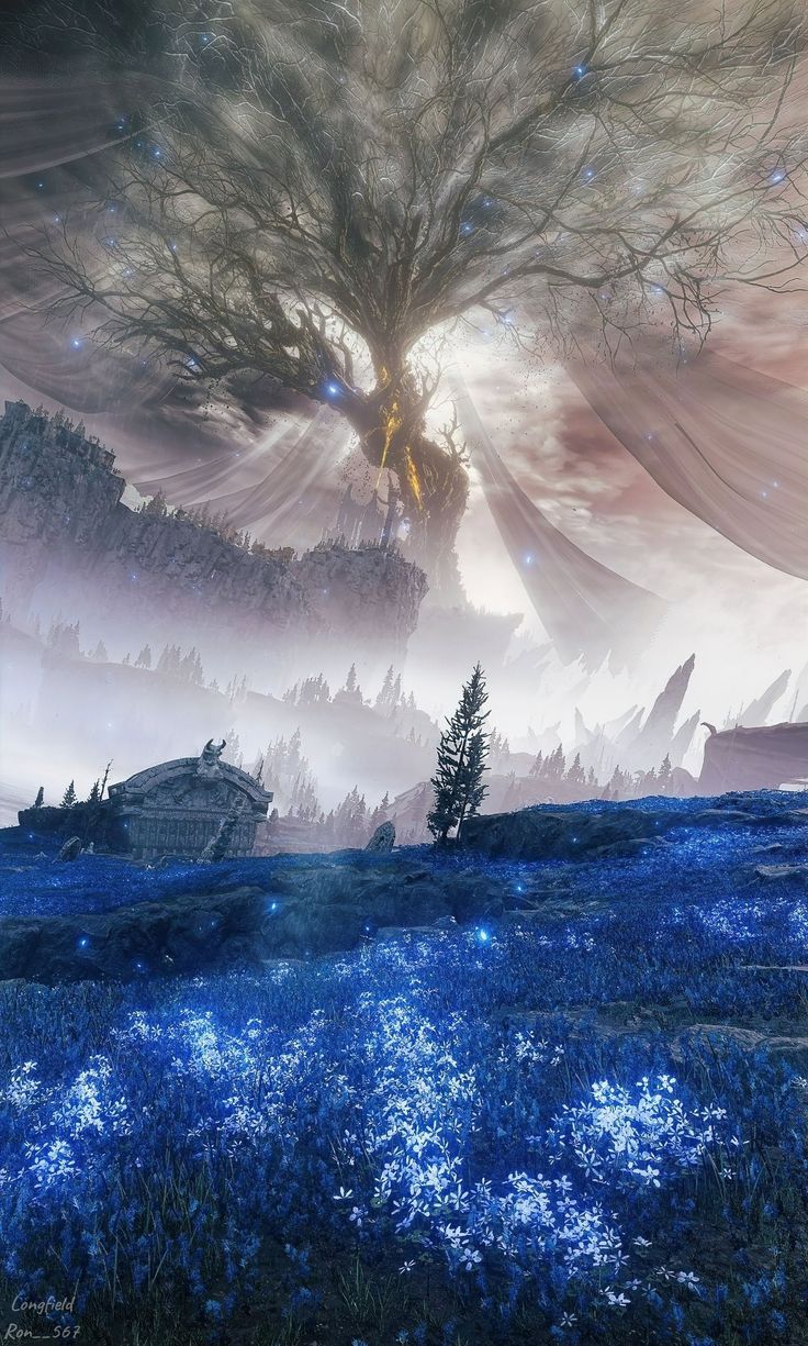 Giant ancient tree looms over a misty fantasy valley with blue flowers and distant ruins.