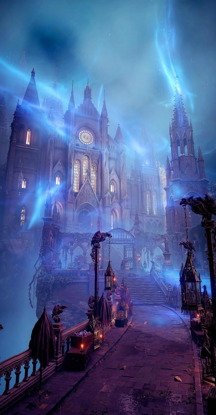 Gothic cathedral bathed in blue mystical light and fog along a stone balcony.