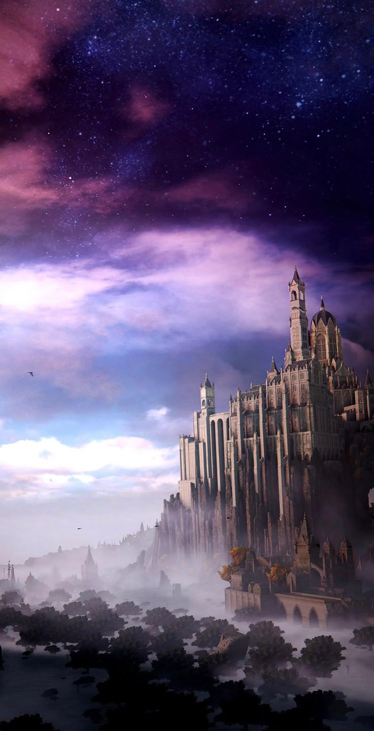 A majestic castle perched on a cliff amid mist under a starry purple night sky.