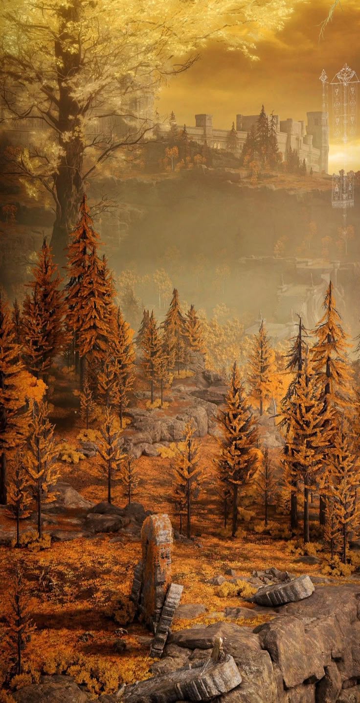 Autumnal forest with orange trees and rocky foreground, distant castle bathed in golden light.