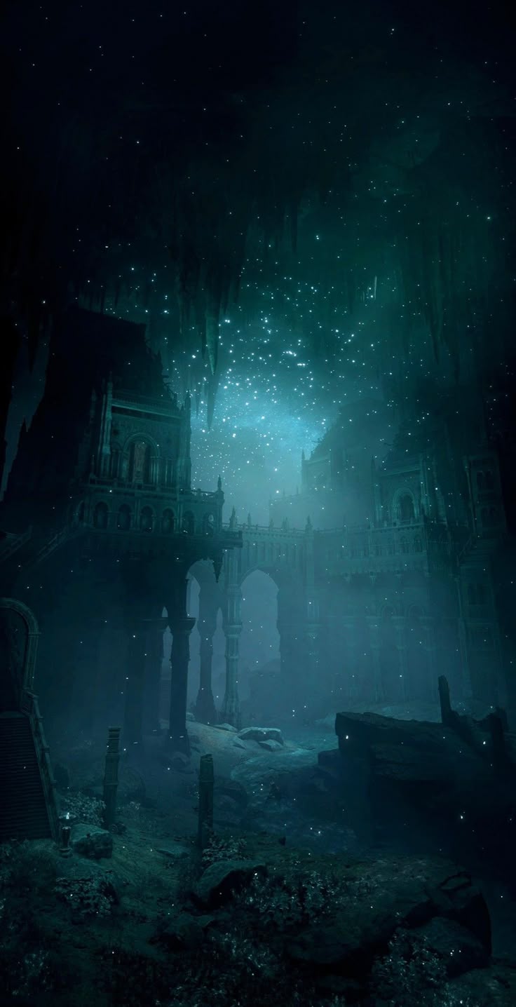 Underwater ancient arches and ruins glowing with bioluminescent particles in blue-green light.
