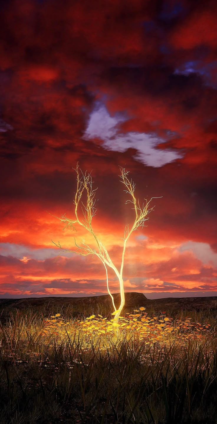 Brightly lit white dead tree in a field at sunset with a fiery red-orange sky.