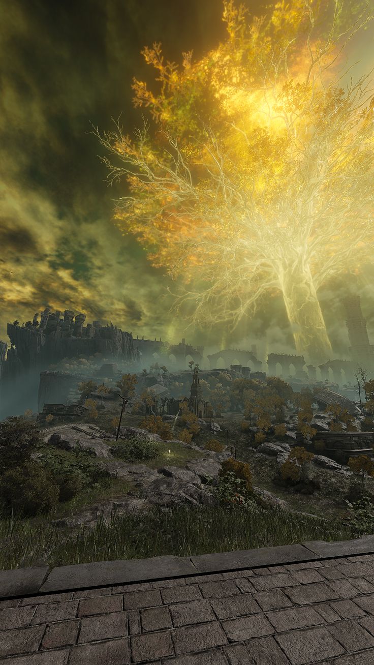 Large glowing autumn tree towering over a ruined cityscape with misty, moody atmosphere.
