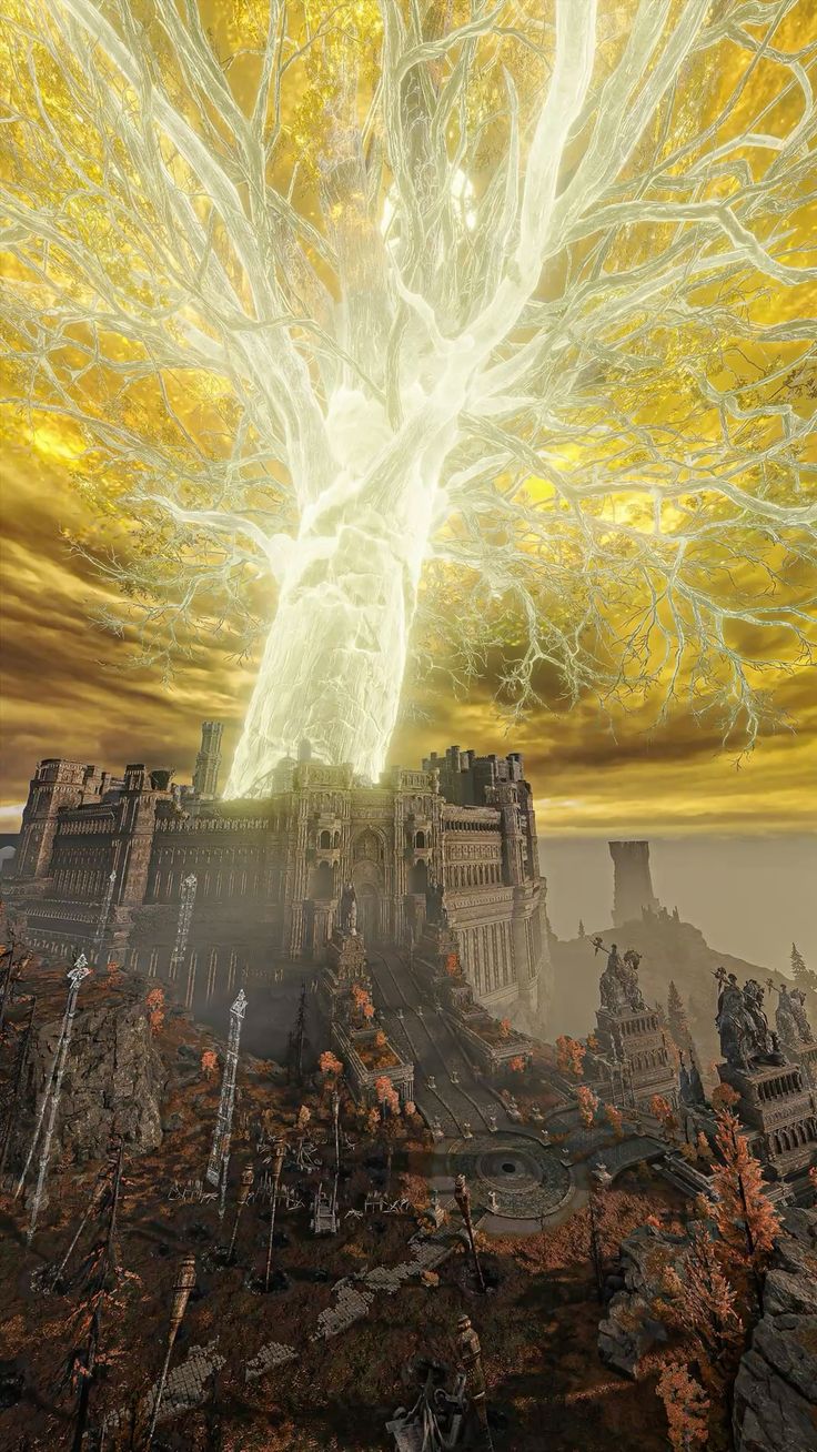 Giant luminous white tree rises above a ruined fortress city in a golden autumn landscape.