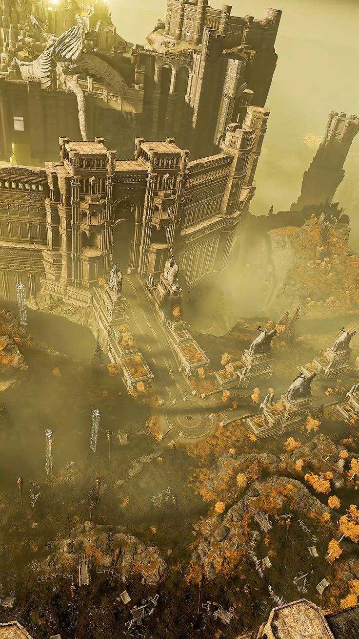 A sprawling ancient castle ruin with towering towers and bridges enveloped in golden fog.