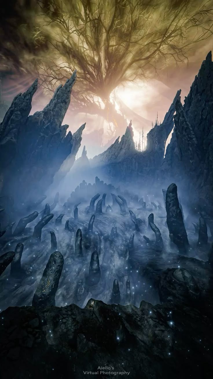Surreal blue cavern with jagged stalagmites, mist, and a glowing distant treelit horizon.