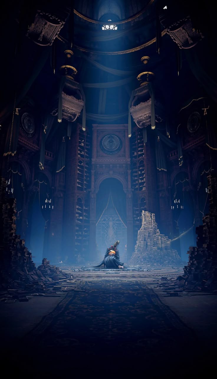 A lone cloaked figure kneels in a vast, ruined cathedral bathed in blue light.