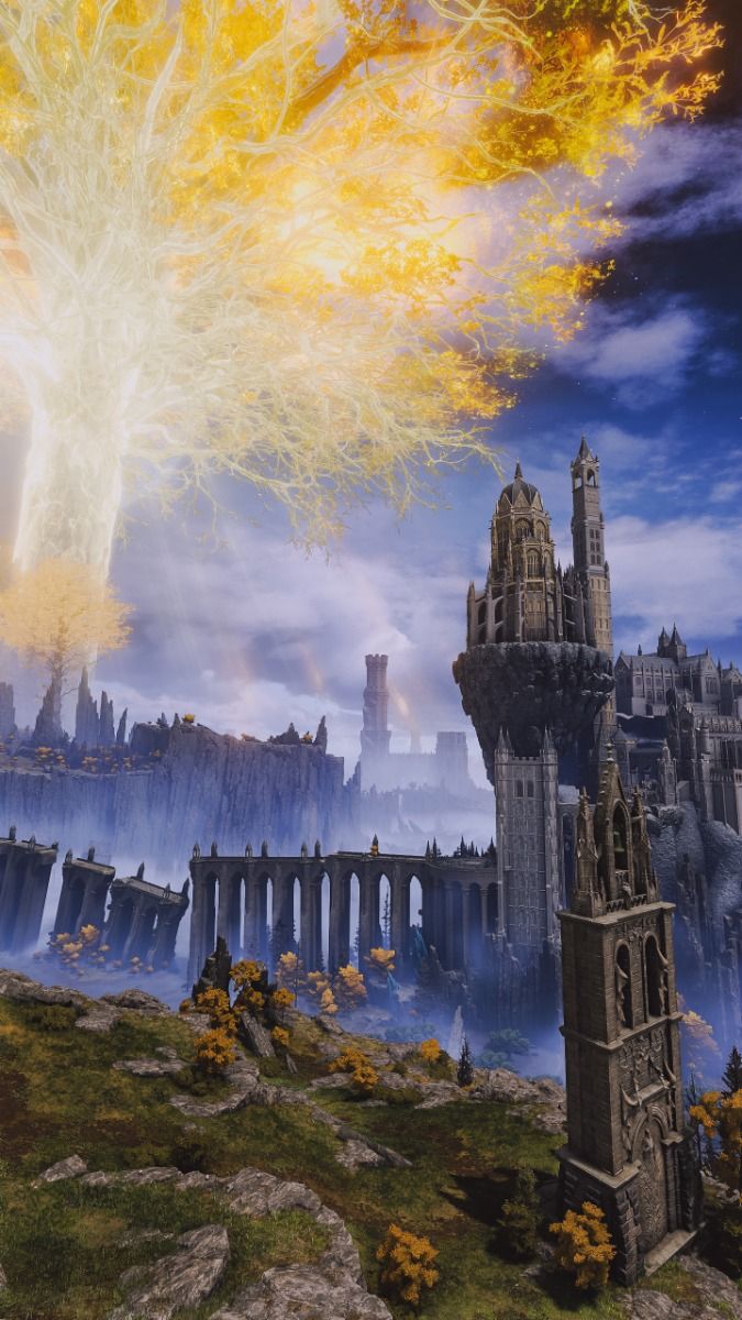 Fantasy ruined cityscape with towering gothic spires, a bright yellow autumn tree, and misty blue skies.