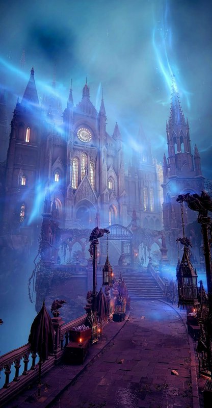 Gothic cathedral bathed in blue mystical light and fog along a stone balcony.