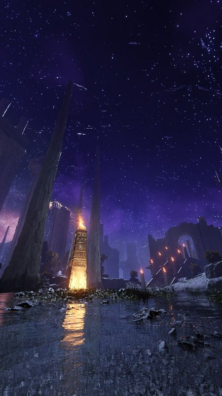 Nighttime fantasy ruin landscape with a glowing torch tower reflecting on a wet surface under a starry sky.