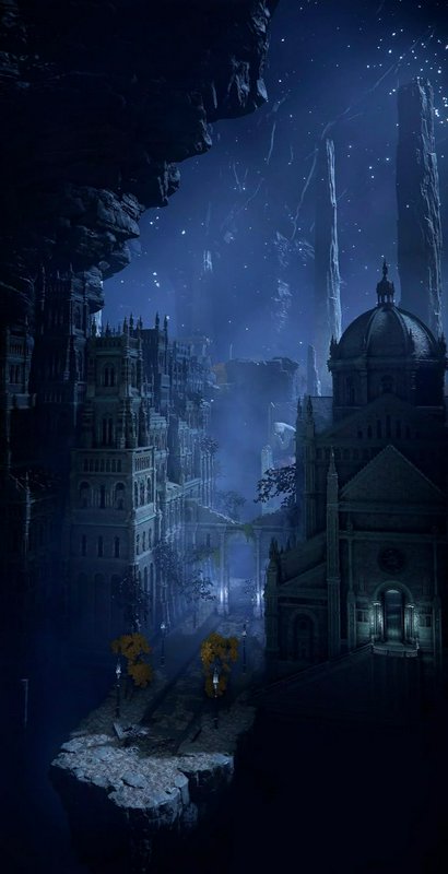 Moonlit fantasy cliffside city with a domed cathedral and Gothic buildings.