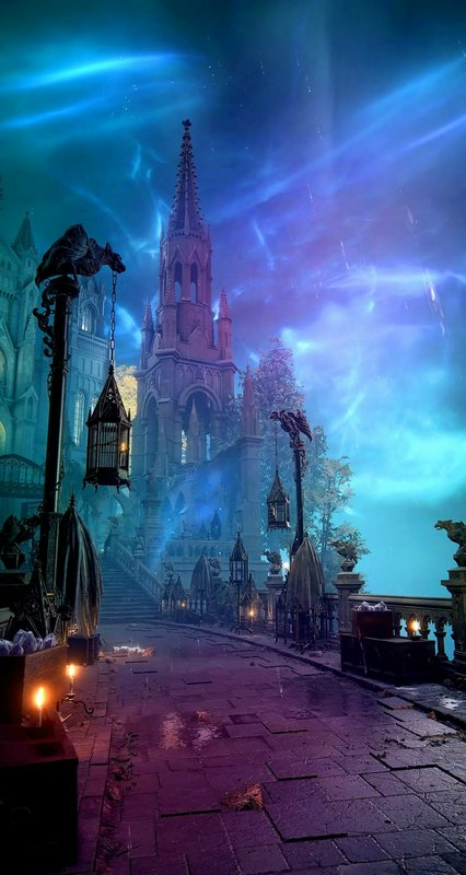 A gothic cathedral on a misty purple-blue night, lanterns along stone stairs under an aurora.