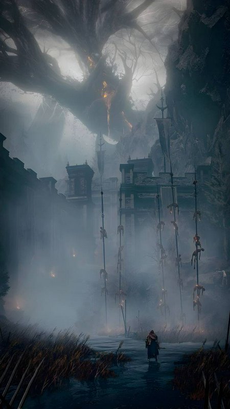 Dark fantasy swamp village with a colossal twisted tree looming over a misty waterway.