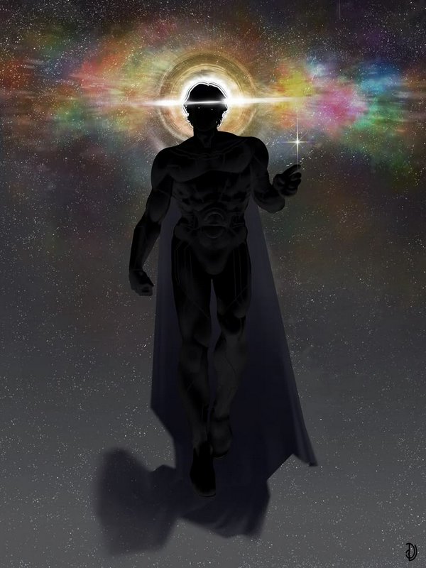 Silhouetted superhero figure with cape in space, halo glow around head, colorful nebula backdrop.