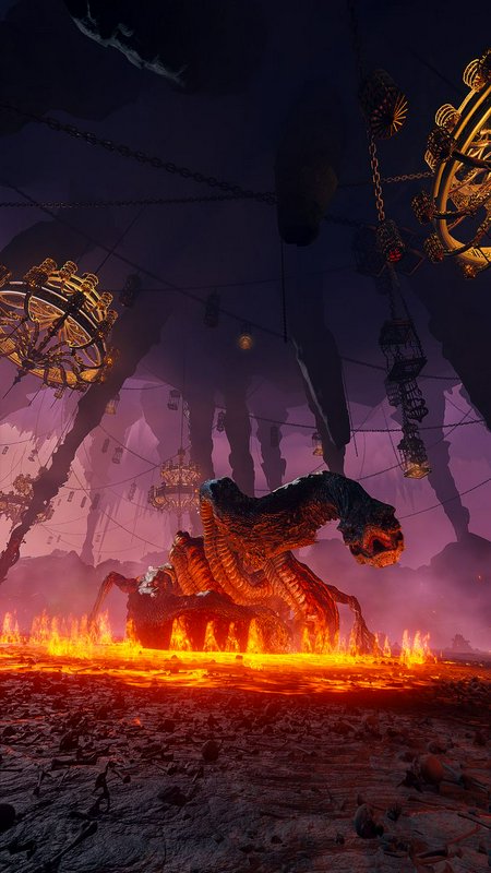 Fiery cavern scene with a dragon amid flowing lava and hanging chandeliers.