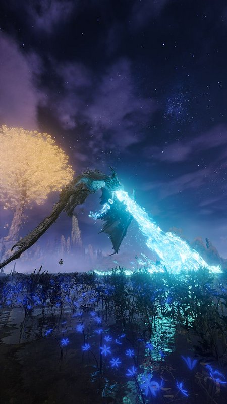 Nighttime fantasy scene with a blue ice-breathing dragon over a field of glowing blue flowers.