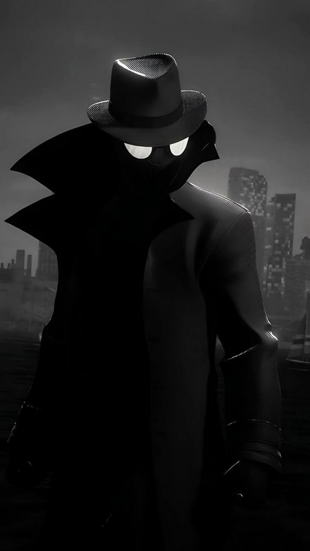 Dark noir detective silhouette in a fedora and trench coat against a city skyline at night.