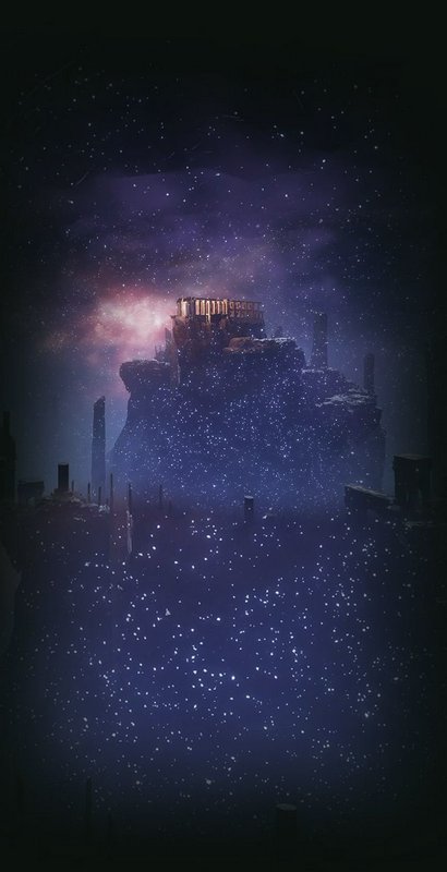 Nighttime fortress atop a rocky cliff surrounded by a starry, purple-blue cosmic glow.
