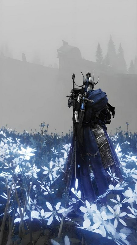 Armored warrior in a blue cloak stands among glowing blue flowers in a misty landscape.