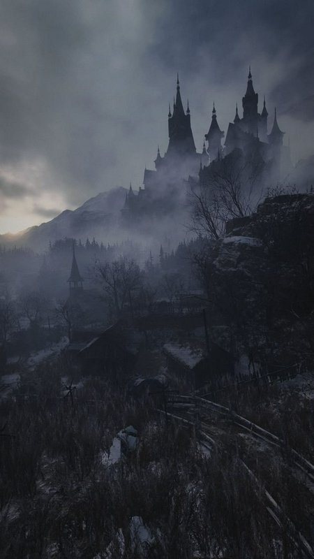Dark silhouette of a Gothic castle on a misty hillside at dusk.