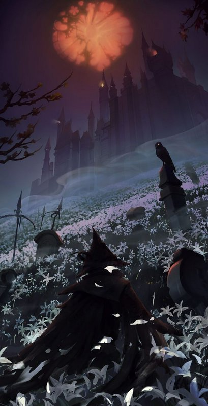 Silhouetted cloaked figure in a graveyard with a Gothic castle under a fiery, moonlit sky.