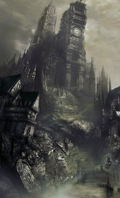 Gothic ruined city with towering clock towers and crumbling spires in a foggy, desolate landscape.